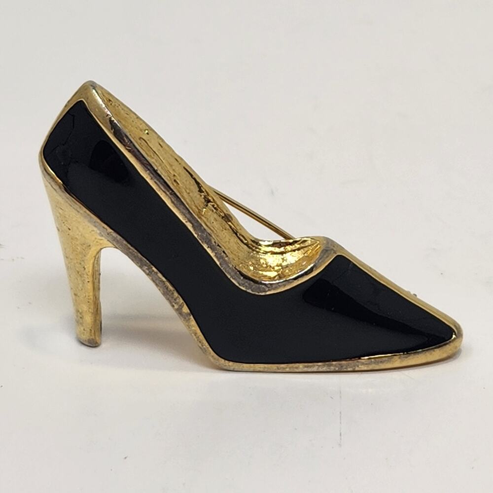 High Heel Shoe Black Enamel Gold Tone Brooch Pin Costume Fashion Jewelry